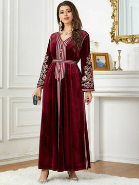 Women's Arabian Velvet Full Sleeves Embroidery Pattern Dress