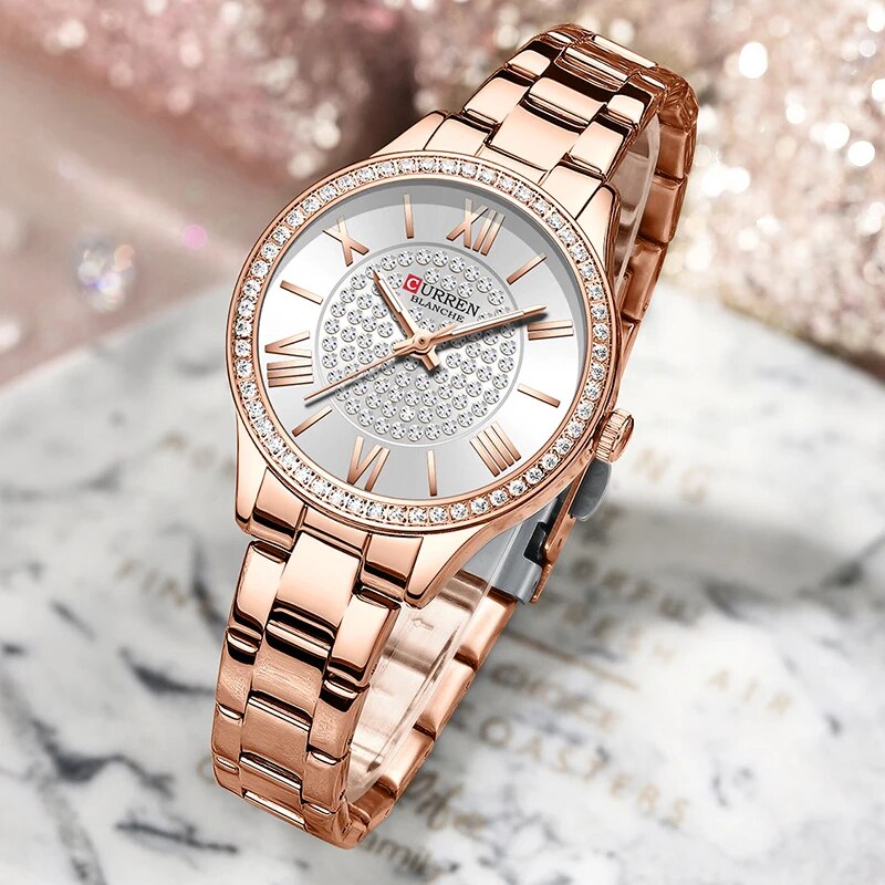 Women's Alloy Case Folding Clasp Round Waterproof Quartz Watch