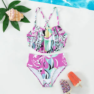 Kid's Polyester Square-Neck Printed Pattern Trendy Swimwear Suit