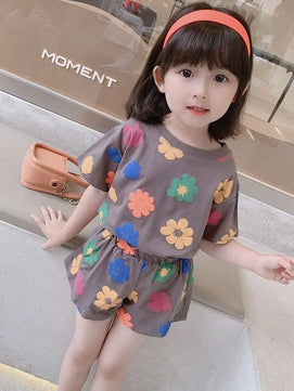 Kid's Polyester O-Neck Short Sleeve Printed Casual Wear Clothes