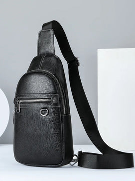 Men's Genuine Leather Zipper Closure Solid Pattern Shoulder Bag