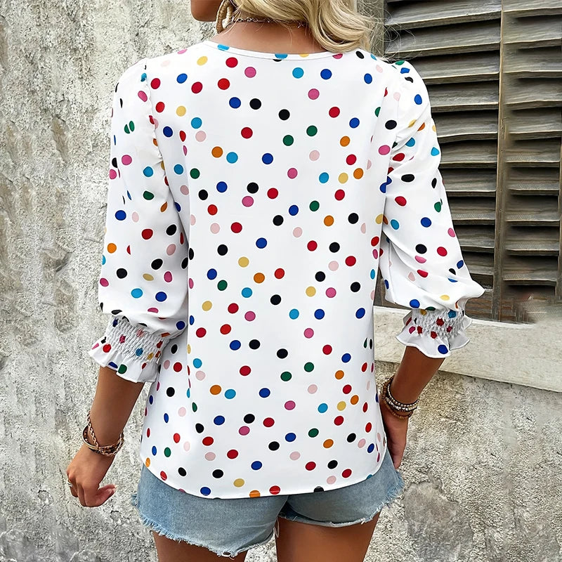 Women's Polyester O-Neck Long Sleeves Dotted Pattern Mini Blouse