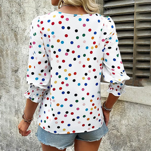 Women's Polyester O-Neck Long Sleeves Dotted Pattern Mini Blouse