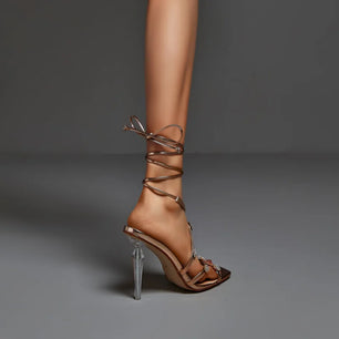 Women's Microfiber Square Toe Lace-up Closure High Heels Sandals