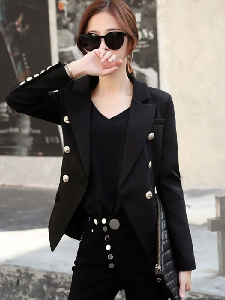 Women's Polyester Notched Full Sleeves Double Breasted Blazer