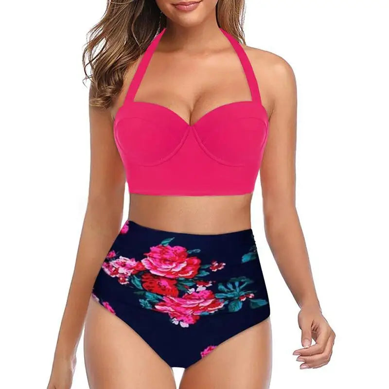 Women's Polyester High Waist Swimwear Floral Pattern Bikini Set