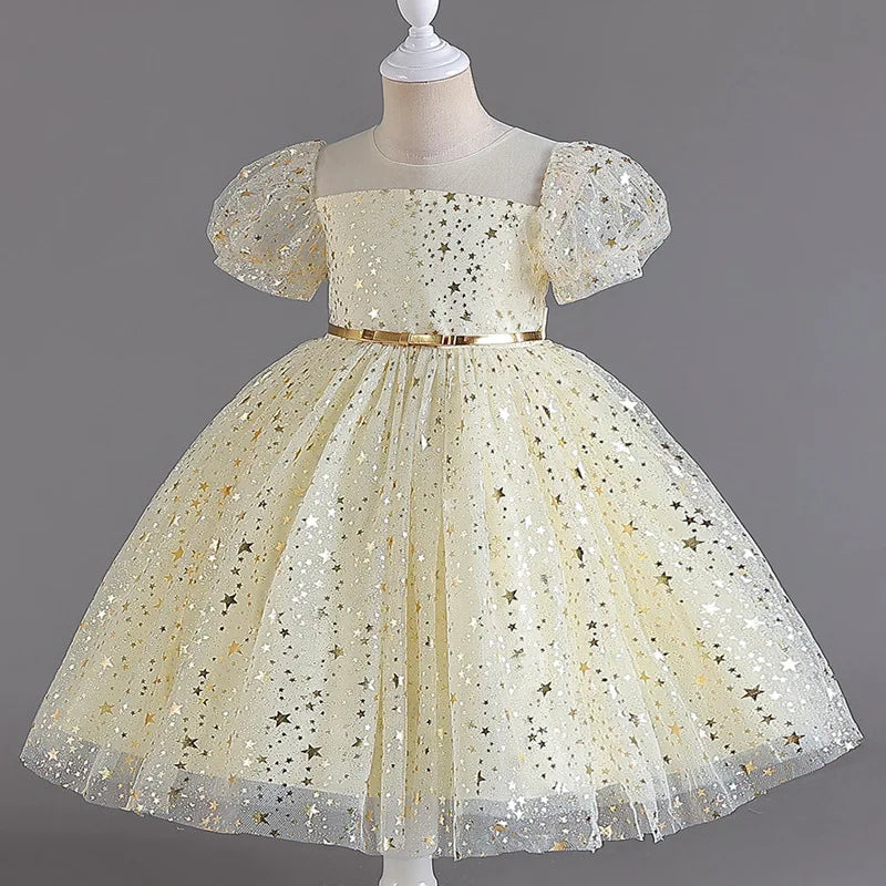 Kid's Cotton Short Sleeve Knee-Length Sequined Pattern Dress