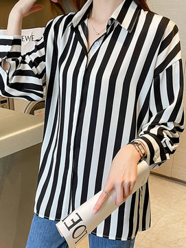 Women's Polyester Turn-Down Collar Long Sleeves Striped Blouse