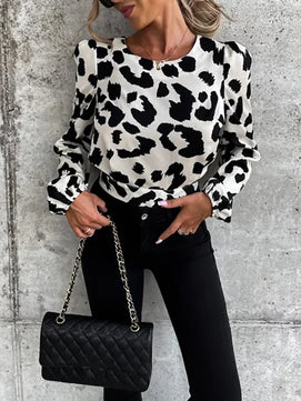 Women's Polyester O-Neck Long Sleeves Leopard Printed Blouse