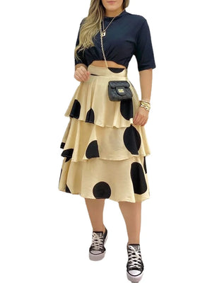 Women's Polyester O-Neck Short Sleeves Dotted Pattern Dress