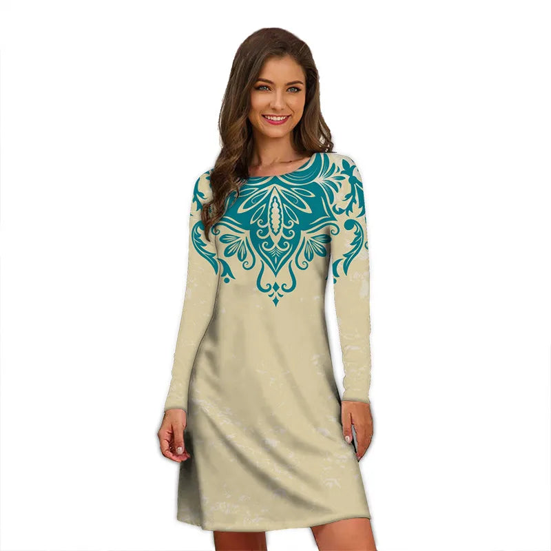 Women's Polyester O-Neck Long Sleeves Mini Casual Vintage Dress