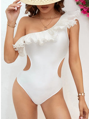 Women's Polyester One-Shoulder Ruffle Pattern Bathing One-Piece