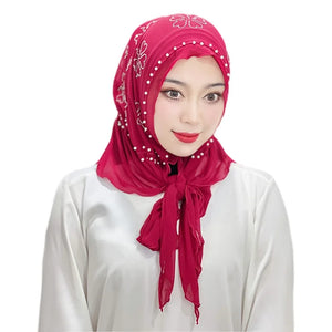 Women's Arabian Polyester Head Wrap Beaded Pattern Elegant Hijabs