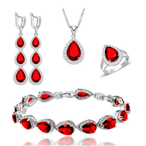 Women's Sterling Silver Ruby Water Drop Pattern Trendy Jewelry Set