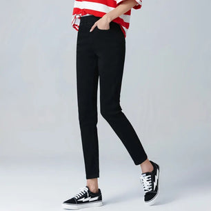 Women's Cotton High Elastic Waist Plain Pattern Casual Pants