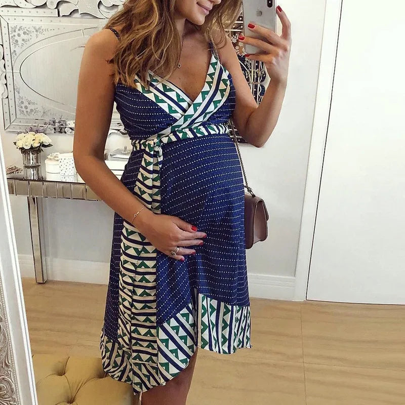 Women's Cotton V-Neck Sleeveless Printed Pattern Maternity Dress