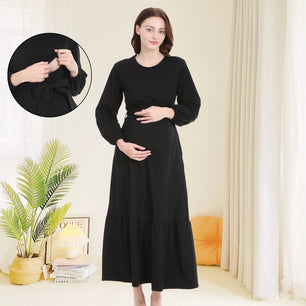 Women's Cotton O-Neck Long Sleeve Solid Pattern Maternity Dress