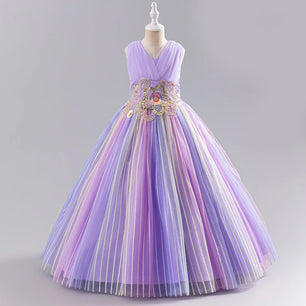 Baby Girl's Polyester V-Neck Sleeveless Pleated Princess Dress