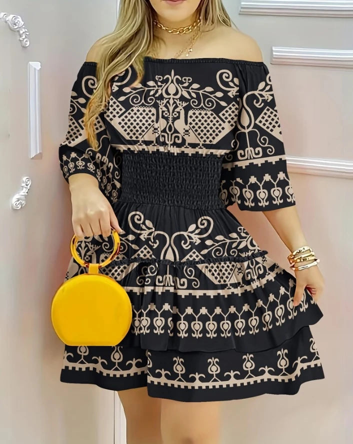 Women's Polyester Slash Neck Three Quarter Sleeve Printed Dress