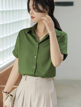 Women's Polyester Turn-Down Collar Short Sleeve Casual Wear Blouse