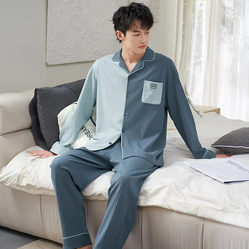 Men's Cotton Turn-Down Collar Long Sleeve Striped Sleepwear Set