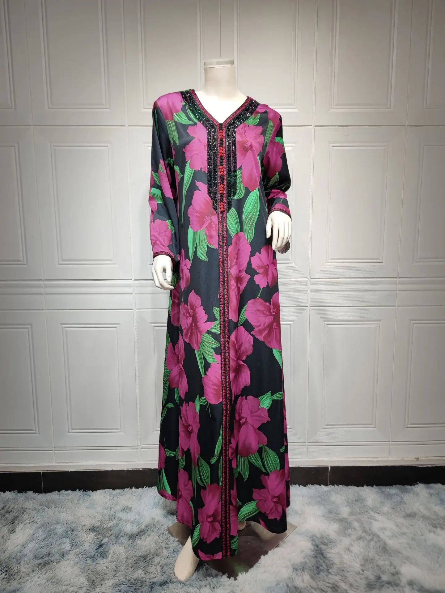 Women's Arabian Polyester Full Sleeve Floral Pattern Casual Dress