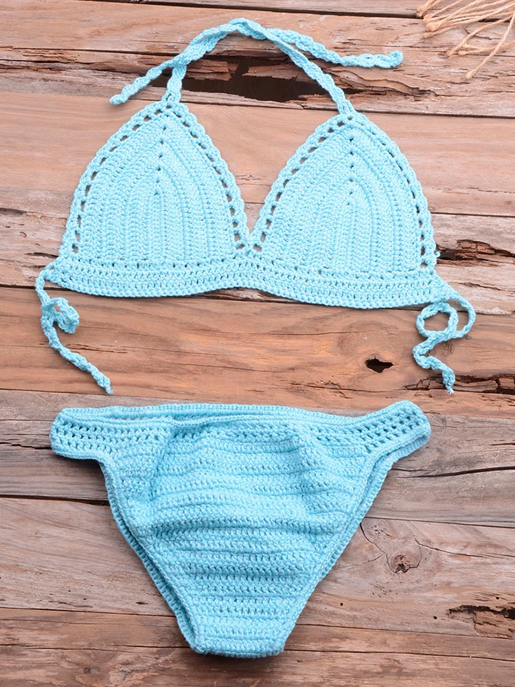 Women's Cotton High Waist Swimwear Knitted Pattern Bikini Set