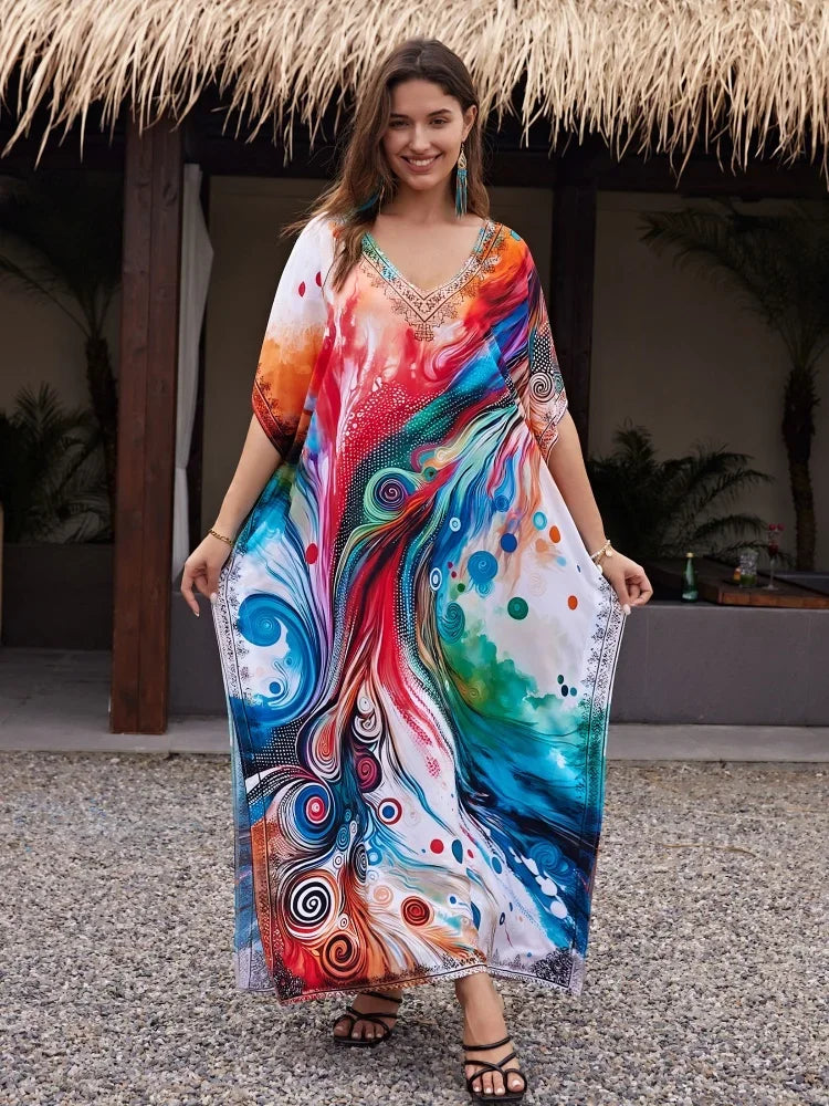 Women's Polyester V-Neck Short Sleeve Printed Pattern Maxi Dress