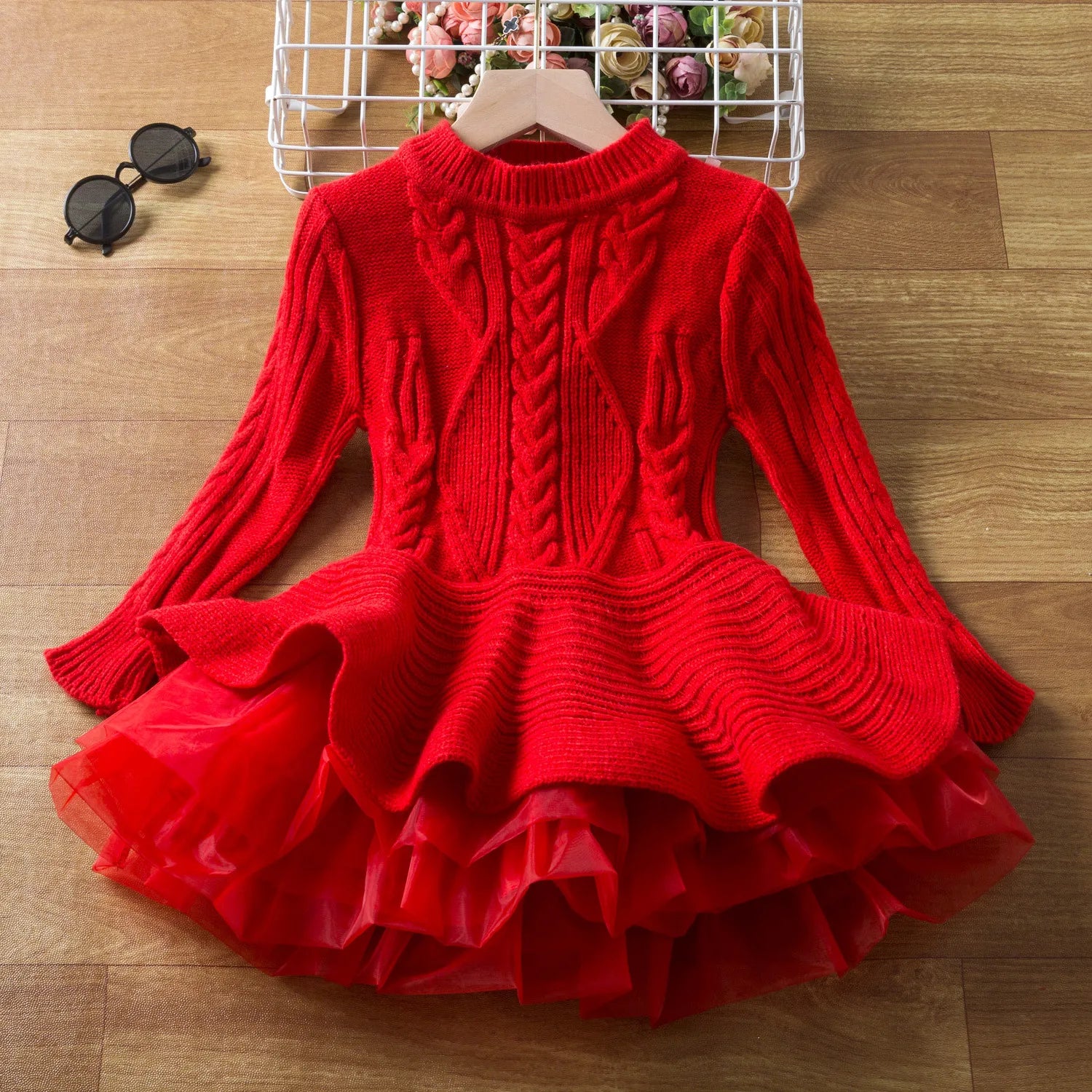 Kid's Girl Polyester O-Neck Long Sleeves Ruffle Pattern Dress