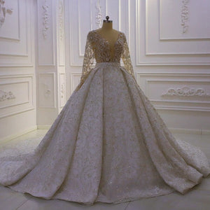 Women's V-Neck Long Sleeves Court Train Bridal Wedding Dress