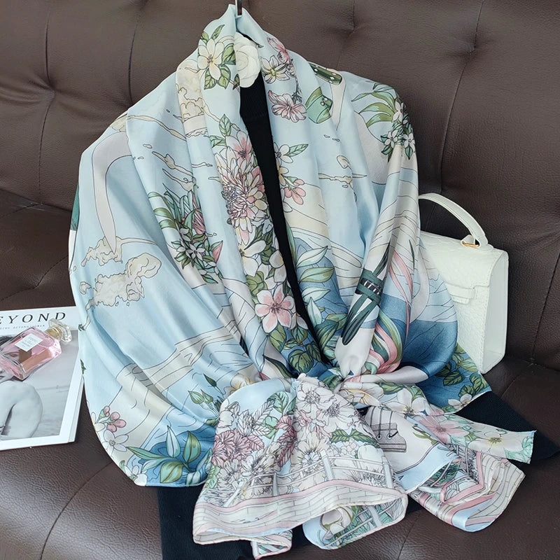 Women's Silk Neck Wrap Floral Pattern Trendy Beach Scarves