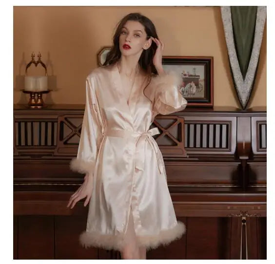 Women's Silk V-Neck Long Sleeves Nightgowns Sleepwear Dress