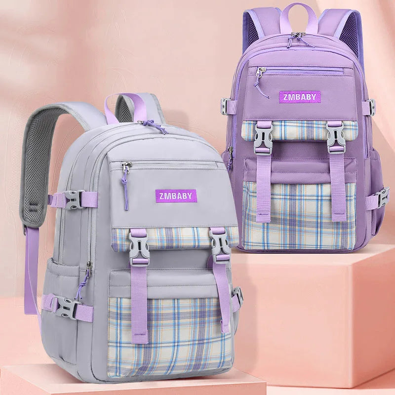 Kid's Canvas Zipper Closure Plaid Pattern Trendy School Backpack