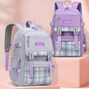 Kid's Canvas Zipper Closure Plaid Pattern Trendy School Backpack