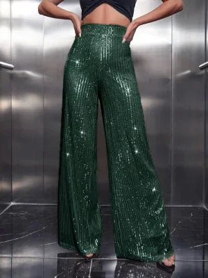 Women's Polyester Elastic Closure High Waist Sequined Trousers