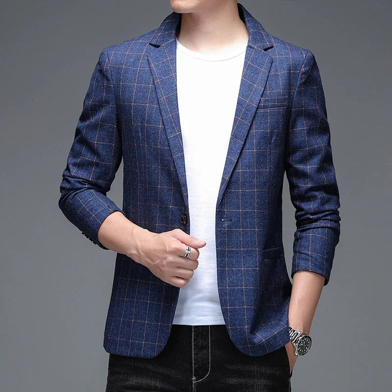 Men's Viscose Notched Long Sleeve Single Breasted Plaid Blazer