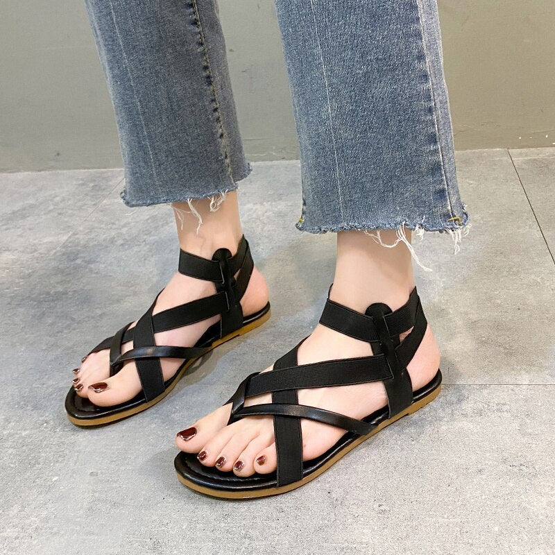 Women's PU Leather Buckle Strap Closure Solid Pattern Flat Sandal