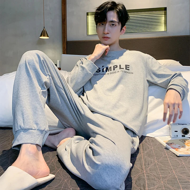 Men's Cotton O-Neck Long Sleeves Trendy Sleepwear Pajamas Set