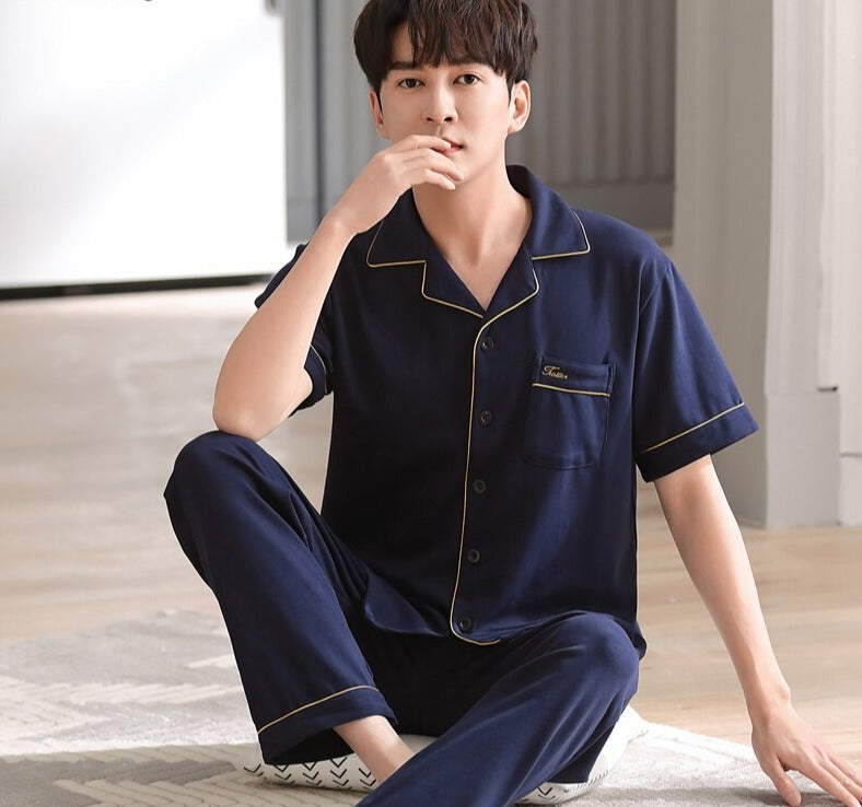 Men's Cotton Short Sleeves Elastic Waist Sleepwear Pajamas Set