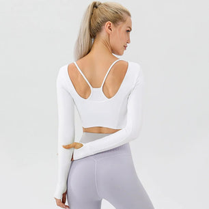 Women's Spandex Long Sleeves Plain Pattern Backless Gym Shirt