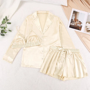 Women's Silk Turn-Down Collar Full Sleeve Solid Sleepwear Dress