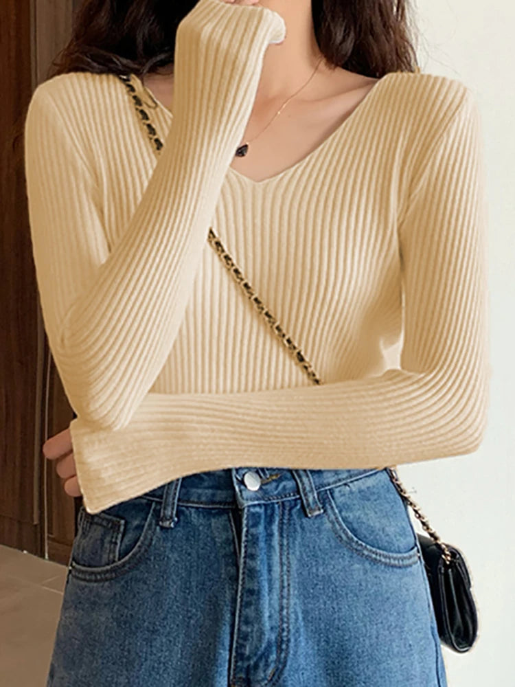 Women's Polyester V-Neck Full Sleeves Solid Pattern Sweater