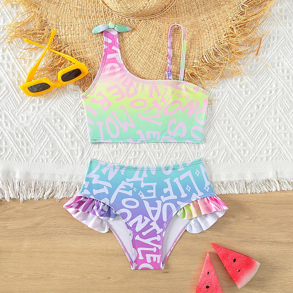 Kid's Polyester Printed Pattern Two-Piece Trendy Swimwear Suit