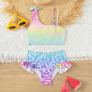 Kid's Polyester Printed Pattern Two-Piece Trendy Swimwear Suit