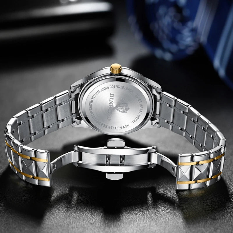 Men's Stainless Steel Push Button Hidden Clasp Round Watches