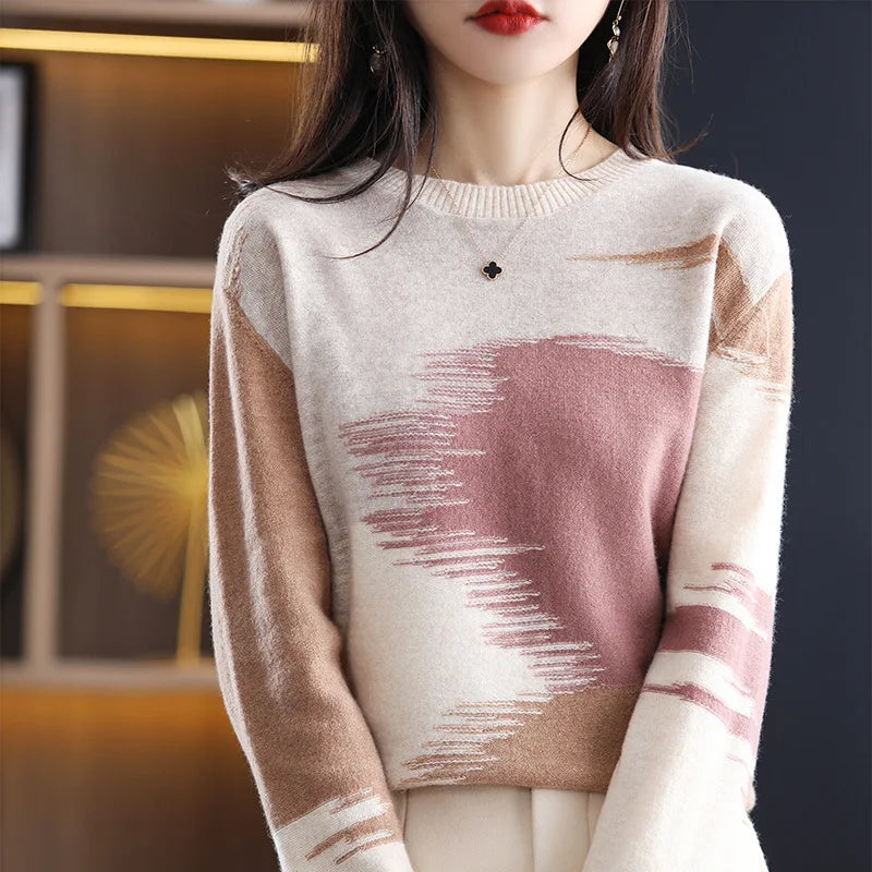 Women's Acetate O-Neck Full Sleeves Mixed Colors Pattern Sweater