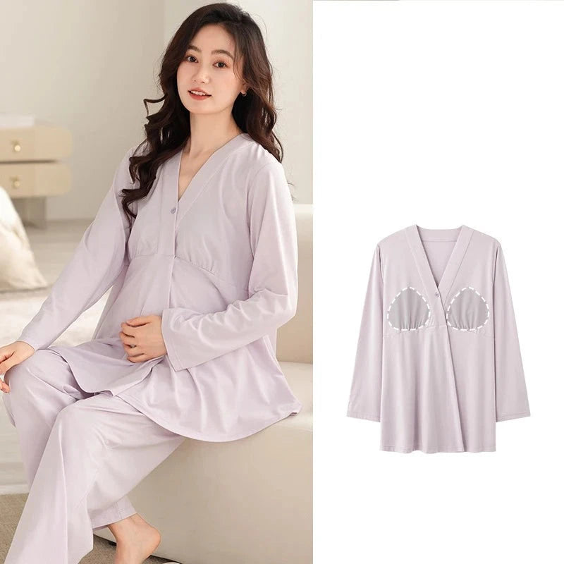 Women's Cotton Long Sleeves Breastfeeding Solid Maternity Dress