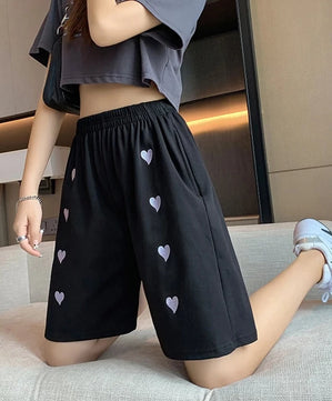 Women's Cotton High Elastic Waist Casual Heart Pattern Shorts