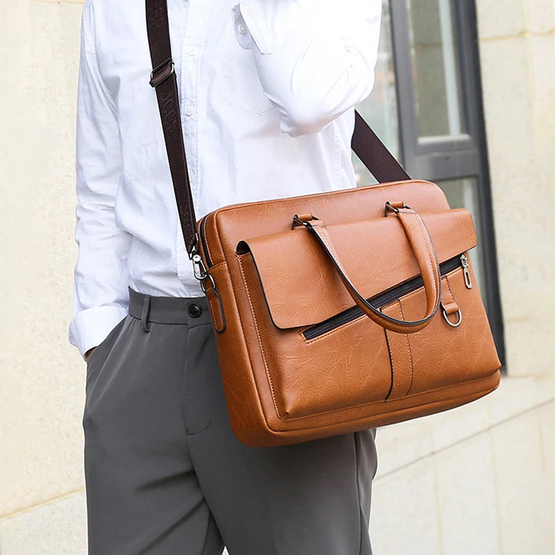 Men's PU Leather Zipper Closure Solid Pattern Elegant Shoulder Bag