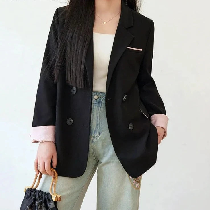 Women's Cotton Notched Long Sleeves Double Breasted Trendy Blazer